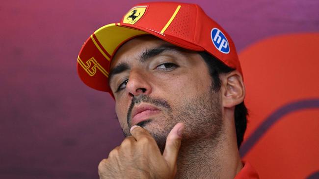 Ferrari's Spanish driver Carlos Sainz looks on during a press conference ahead of the Formula One Belgian Grand Prix at the Spa-Francorchamps circuit in Spa on July 25, 2024. (Photo by JOHN THYS / AFP)