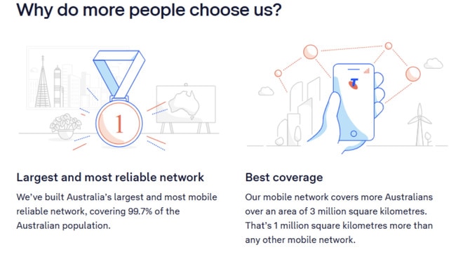 A screenshot of Telstra's website, accessed on April 16, making the three million square kilometre claim.