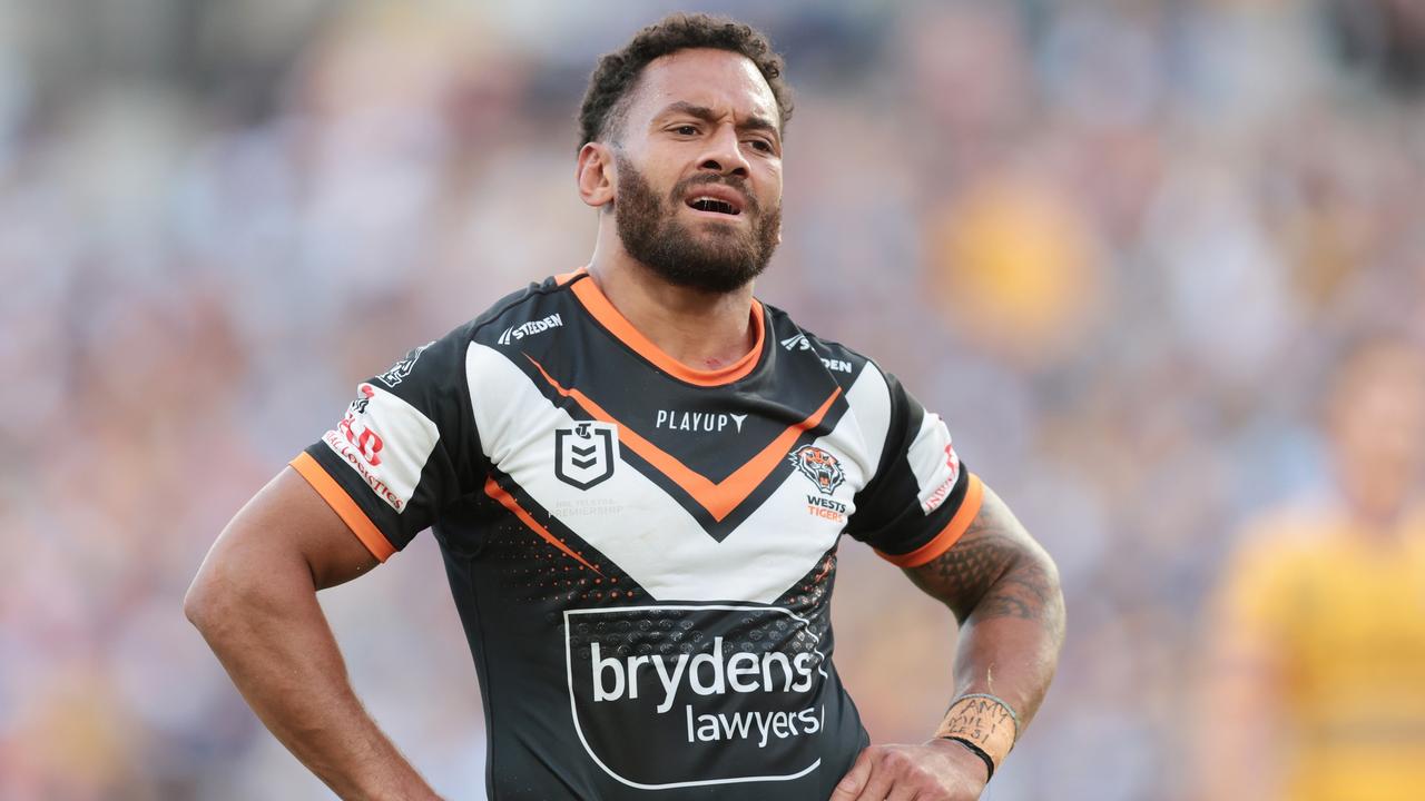 SYDNEY, AUSTRALIA - APRIL 10: Apisai Koroisau of the Wests Tigers looks dejected during the round six NRL match between Wests Tigers and Parramatta Eels at Accor Stadium on April 10, 2023 in Sydney, Australia. (Photo by Mark Metcalfe/Getty Images)