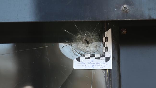 Bullet holes where shots were fired into City of Ink. Picture: David Crosling