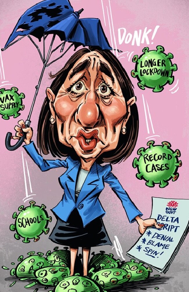 An under-pressure NSW Premier Gladys Berejiklian is employing denial and spin to navigate through the Delta outbreak. Art: Terry Pontikos