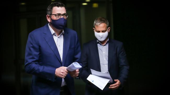 Daniel Andrews and Victorian Chief Health Officer Brett Sutton in Melbourne on Monday. Picture: Ian Currie