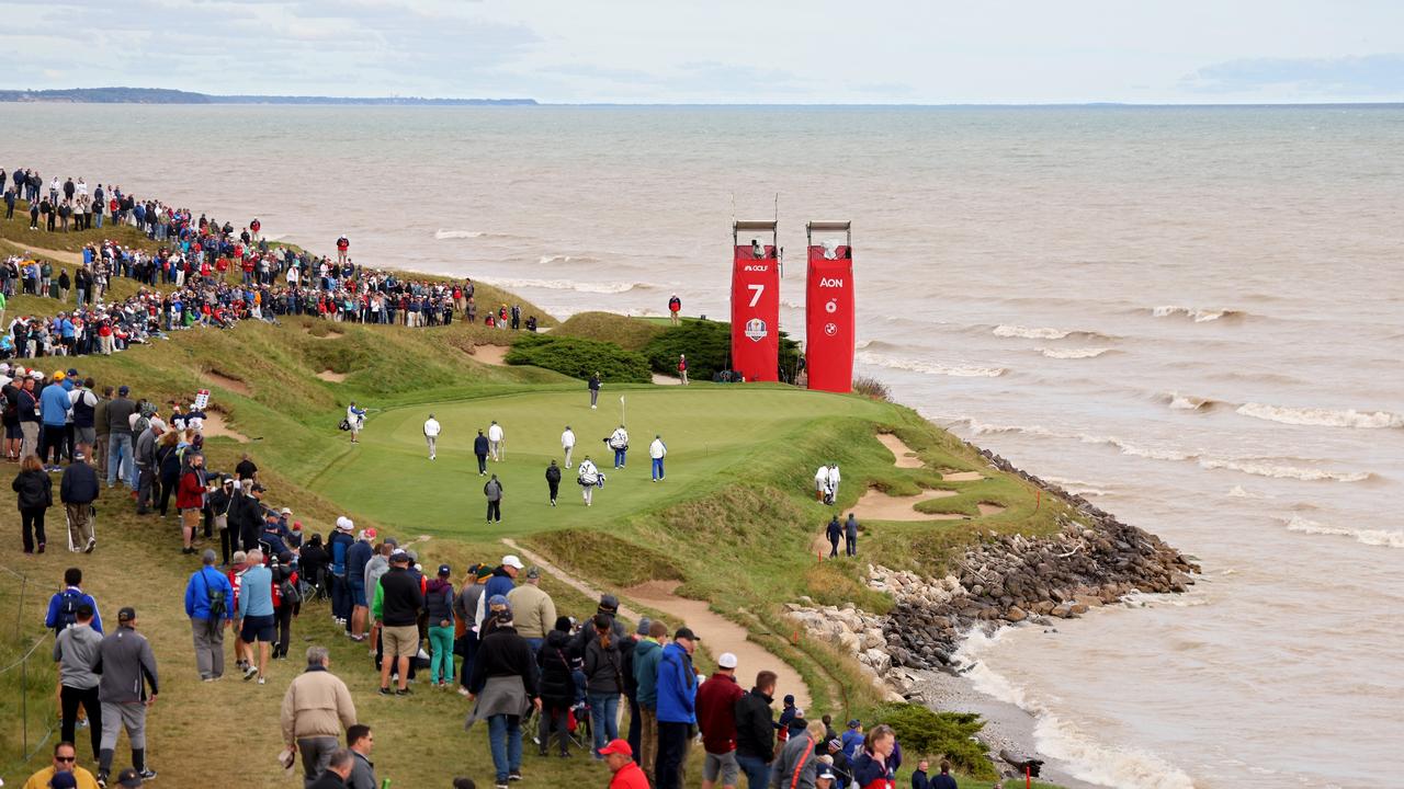 Jon Rahm, Sergio Garcia of Spain, Tyrrell Hatton and Shane Lowry of Europe walk on the seventh hole during a practice round prior to the 43rd Ryder Cup at Whistling Straits. Photo: Getty Images