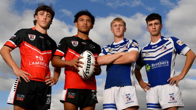 Preview for Aaron Payne Cup. Year 10 Kirwan High players Trent Martin and Eru Gunn-Games with Ignatius Park College players Byron Piggott and Tamiana Fatiaki. Picture: Evan Morgan