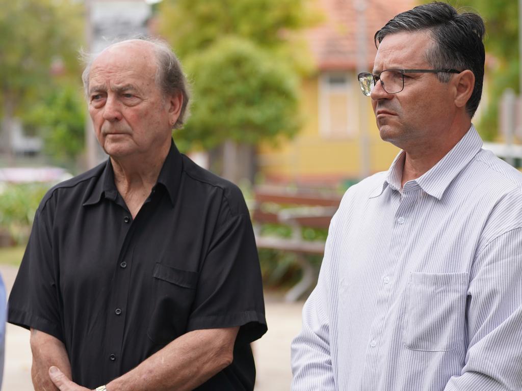 Owen Davies (left), pictured with LNP member for Maryborough John Barounis, speaking about his daughter Kelsie Davies who was killed in a triple-fatal. Photo: Supplied.