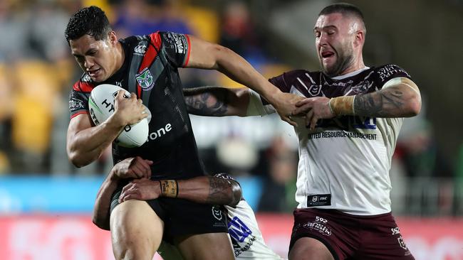 Roger Tuivasa-Sheck on the charge for the Warriors. Picture: Getty Images