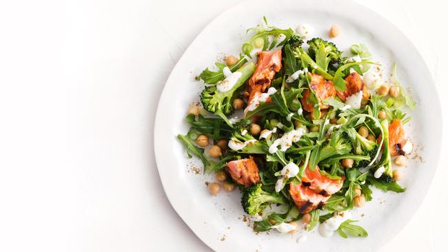 Spiced salmon with chickpea, broccoli and rocket salad and yoghurt dressing.