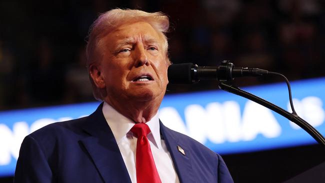 Republican Presidential Candidate former US President Donald Trump speaks during a campaign rally at Mohegan Sun Arena at Casey Plaza.