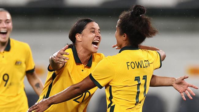 Mary Fowler celebrates with Sam Kerr. Picture: Getty