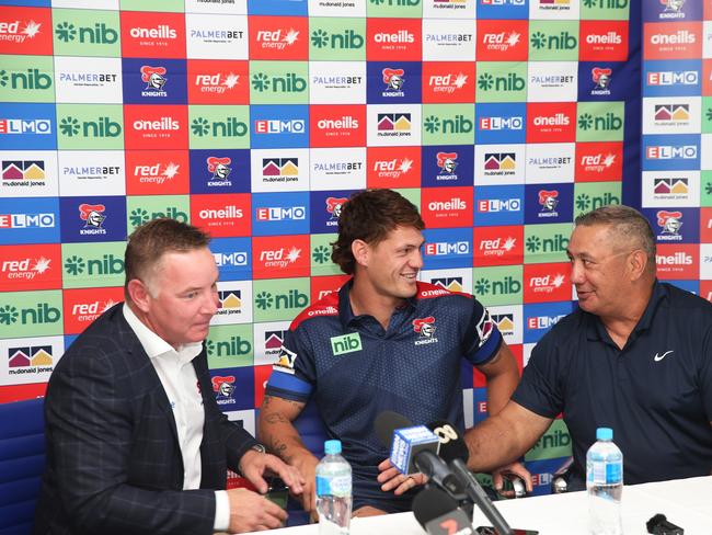 Ponga’s father Andre (right) had concerns his son was owed money, after being left out of an explainer email about contract ratchet clauses. Picture: Getty Images