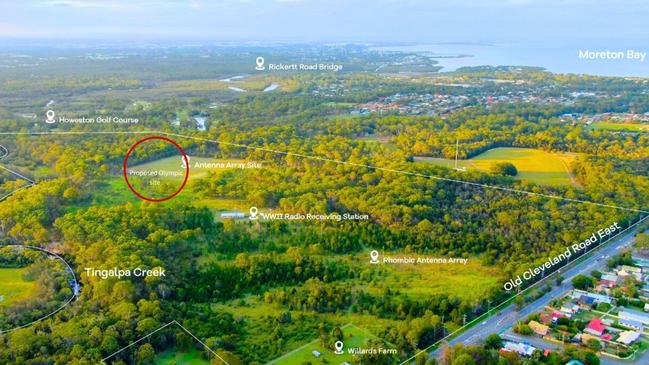 An aerial view of the Birkdale Olympic site showing its proximity to the rhombic antenna array and the WWII radio receiving station. Picture: Redland City Council