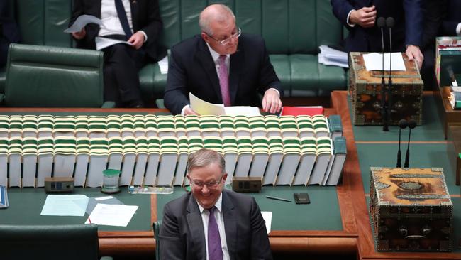 Scott Morrison and Anthony Albanese in the house during question time. Picture: Gary Ramage.