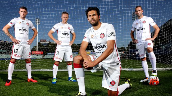 Wanderers defenders Scott Neville, Scott Jamieson, Nikolai Topor-Stanley and Alberto.