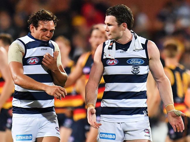 Steven Motlop and Patrick Dangerfield after losing to the Crows.