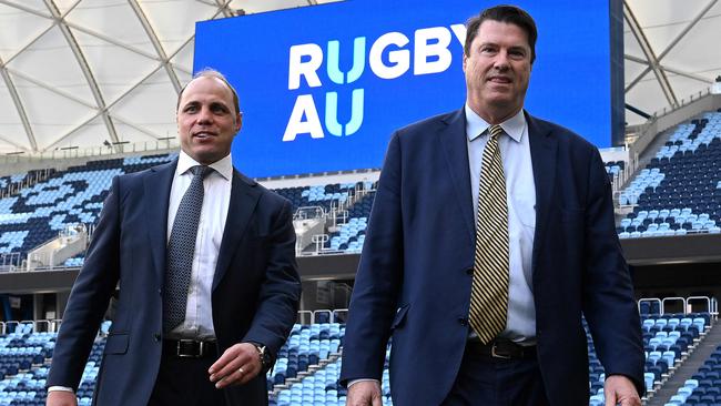 Axed Rugby Australia chairman Hamish McLennan, right, with chief executive Phil Waugh in June Picture: AFP