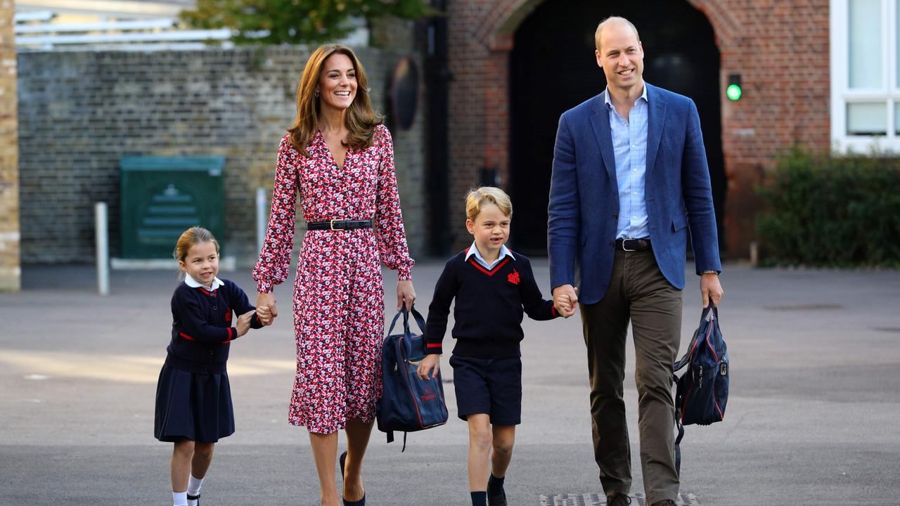 Charlotte, Kate, George and William in a staged shoot on Charlotte’s first day of school in September 2019. Picture: Aaron Chown / Pool / AFP