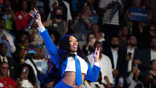 Hip-hop star Megan Thee Stallion adds some glitz for younger voters at the Kamala Harris rally in Atlanta, Georgia, on Tuesday. Picture: Getty Images