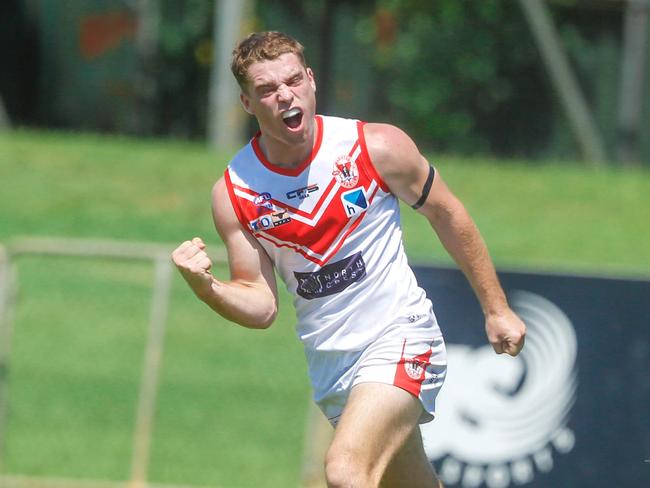 James Edmonds celebrating a goal in Waratah’s win over Tiwi. Picture GLENN CAMPBELL