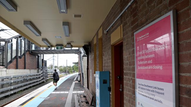 Signage pictured at Dulwich Hill Train Station ahead of the T3 Bankstown line closure from 30 September 2024. Picture: NewsWire / Damian Shaw