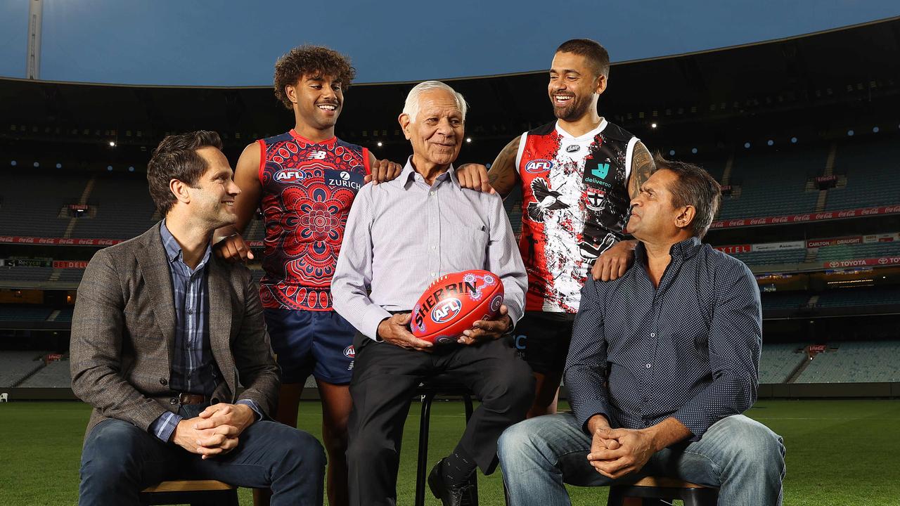 Indigenous greats Gavin Wanganeen, Sid Jackson and Nicky Winmar with current players Brad Hill and Kysaiah Pickett. Picture: Michael Klein.