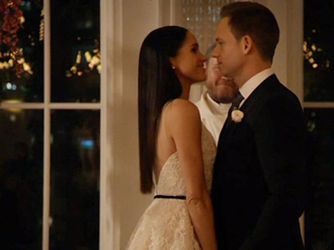 Meghan Markle and Patrick J Adams in the Suits Finale Wedding.  Picture:  Supplied