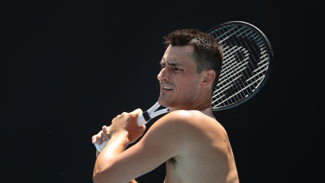 Bernard Tomic is seen during a training session for the Australian Open tennis tournament in Melbourne, Monday, January 7, 2019. The Australian Open starts on January 14. (AAP Image/David Crosling) NO ARCHIVING