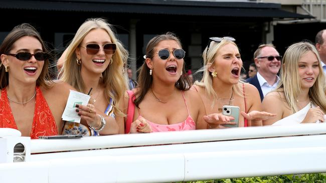 Enjoying Melbourne Cup Day at Eagle Farm last year are (from left) Tahlia Thornton, Evie Griffiths, Margot Lisle, Camilla Hudson and Amy Cameron. Picture: David Clark