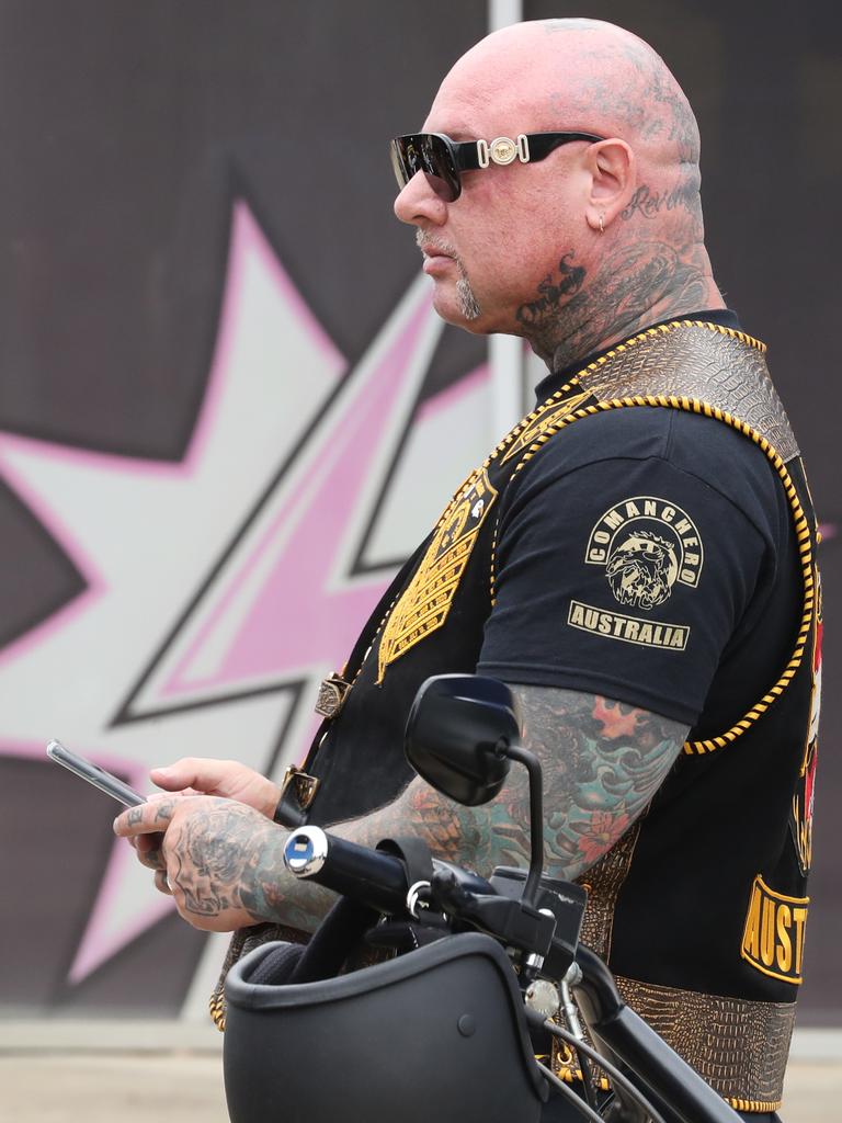 Murray is covered from the neck down in classic bikie tattoos. Picture: David Crosling