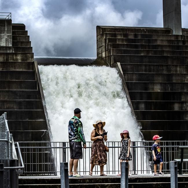 Hinze Dam on the Gold Coast was at 102.9 per cent capacity. Picture: Nigel Hallett