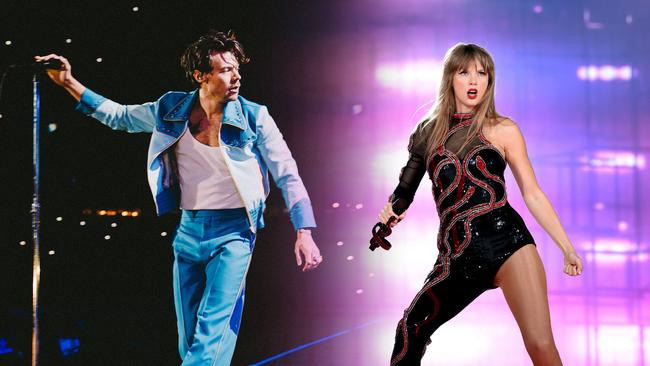 ARIA’s 2022 end-of-year chart toppers: British singer-songwriter Harry Styles (left), performing in Melbourne in February; and US artist Taylor Swift, performing in Glendale, Arizona in March. Pictures: Lloyd Wakefield (Styles) and John Shearer/Getty Images (Swift)