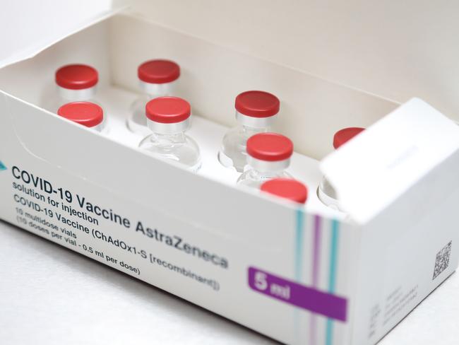 A box of AstraZeneca/Oxford COVID-19 vaccine vials is seen in Wales on Monday. Picture: AFP