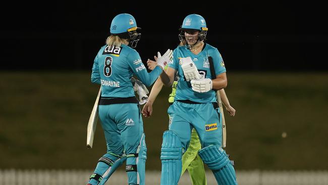 SYDNEY, AUSTRALIA - NOVEMBER 11: Georgia Redmayne and Georgia Voll (right) celebrate a win over the Sydney Thunder. Photo: Mark Metcalfe/Getty Images