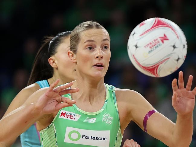 PERTH, AUSTRALIA - JULY 13: Alice Teague-Neeld of the Fever passes the ball during the round 14 Super Netball match between West Coast Fever and Melbourne Mavericks at RAC Arena, on July 13, 2024, in Perth, Australia. (Photo by Paul Kane/Getty Images)