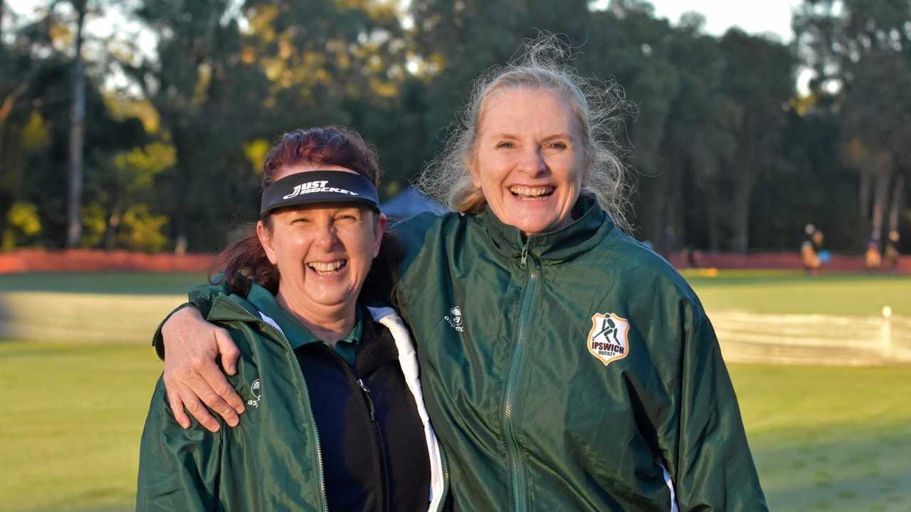 Linda Fisher and Ali Fenton at the Women's Masters State Hockey Championships, Day 1, Ramsay Park. Picture: Frances Klein