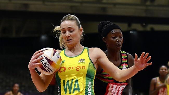 CAPE TOWN, SOUTH AFRICA - AUGUST 01: Liz Watson (Captain) of Australia and Grace Mwafulirwa of Malawi during the Netball World Cup 2023, Pool F match between Australia and Malawi at Cape Town International Convention Centre Court 1 on August 01, 2023 in Cape Town, South Africa. (Photo by Ashley Vlotman/Gallo Images/Netball World Cup 2023)