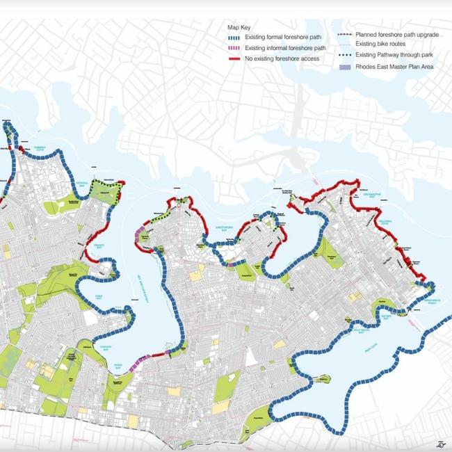 Part of the foreshore of Canada Bay, detailing the current footpaths and restrictions. Picture: City of Canada Bay Council