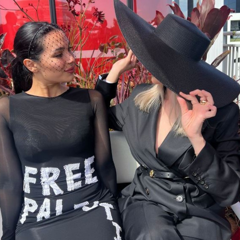 Angelica Mesisca Barrientos, owner of an Adelaide skincare chain, made a bold fashion statement by wearing a “Free Palestine” designer dress during Derby Day. Picture: Supplied