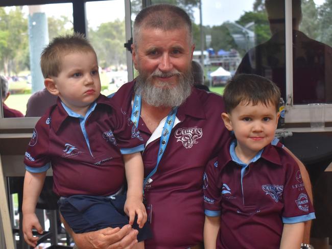 Peter Hopkins with grandsons Nathan and Liam at the CQ Capras game against the Ipswich Jets in Round 12 of the Hostplus Cup at Rugby Park, Rockhampton, on June 1, 2024.