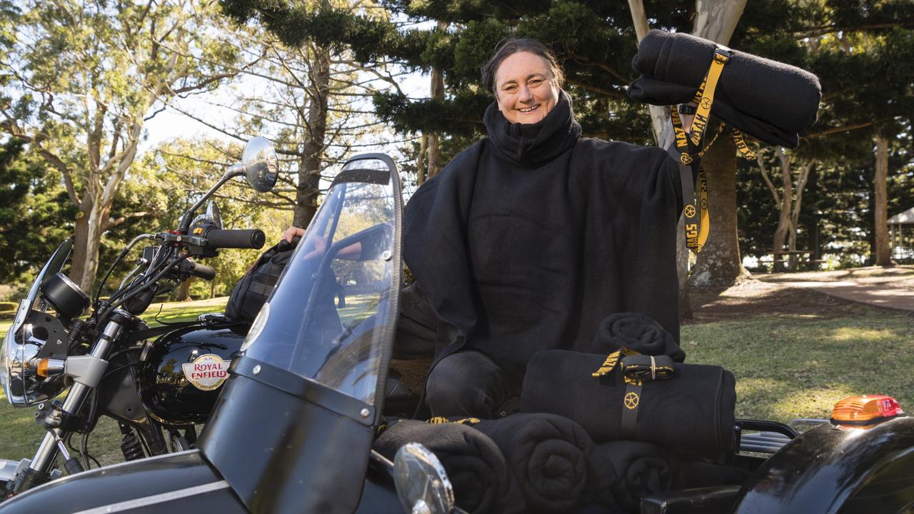 Narelle Lyons of Naz Bags made ponchos to be donated on the Huggie Bear Memorial Toowoomba Blanket Run organised by Downs Motorcycle Sporting Club. Picture: Kevin Farmer