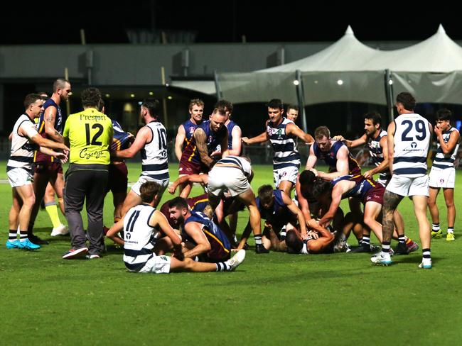 Brawl in the third quarter. Cairns City Lions v Port Douglas Crocs at Cazalys Stadium. Elimination Final. AFL Cairns 2024. Photo: Gyan-Reece Rocha