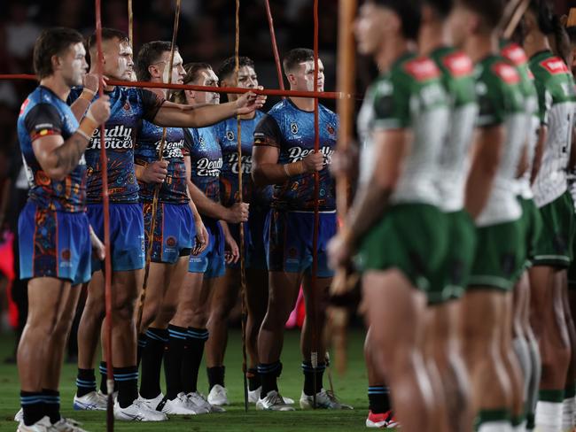 Indigenous and Maori players face off before the electrifying All Stars clash. Picture: Matt King/Getty Images