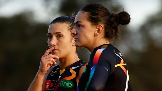 Kate Dempsey (left) and Monique Conti of the Tigers. (Photo by Michael Willson/AFL Photos via Getty Images)