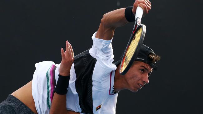 Alexei Popyrin serves during his first round victory over Mischa Zverev. Picture: Getty Images