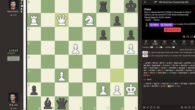 Ding Liren set up a queen sacrifice with the move 42. Qc7. Picture: Chess.com