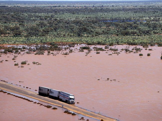 Flood waters in FEbruary cut off the Sturt Highway. Picture: NCA NewsWire / Kelly Barnes