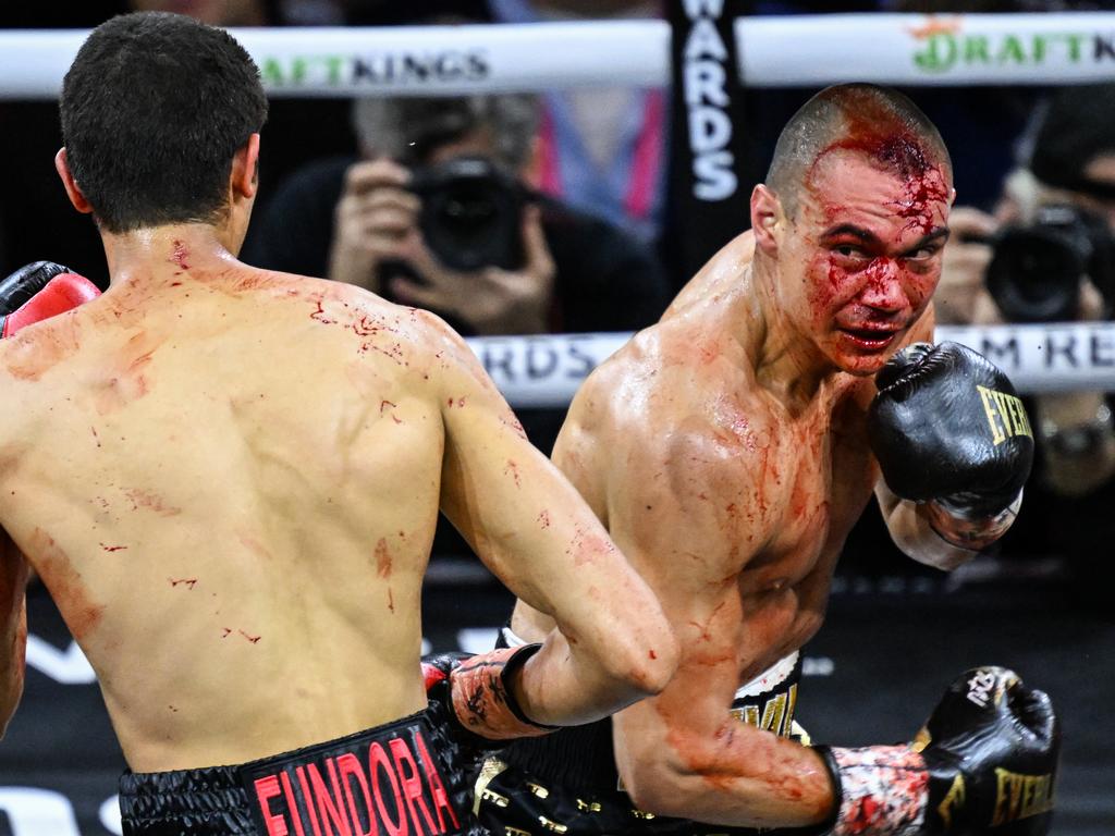 A stray elbow from Sebastian Fundora left Tim Tszyu a bloody mess in March. Picture: Tayfun Coskun/Anadolu via Getty Images