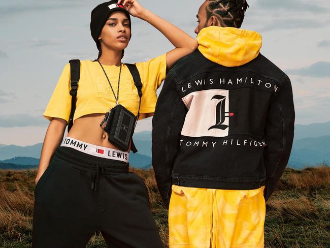 From the back. Lewis Hamilton, right, wearing the gender-inclusive TOMMYXLEWIS range out in Australia on September 24. Picture: Tommy Hilfiger