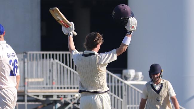 Oliver Peake brings up his hundred against Greenvale Kangaroos. Picture: Carey Neate.