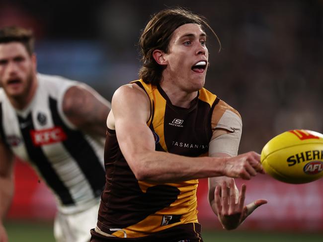 MELBOURNE, AUSTRALIA - August 5 , 2023. AFL .        Will Day of the Hawks during the round 21 match between the Hawthorn and Collingwood at Marvel Stadium in Melbourne.   Photo by Michael Klein.