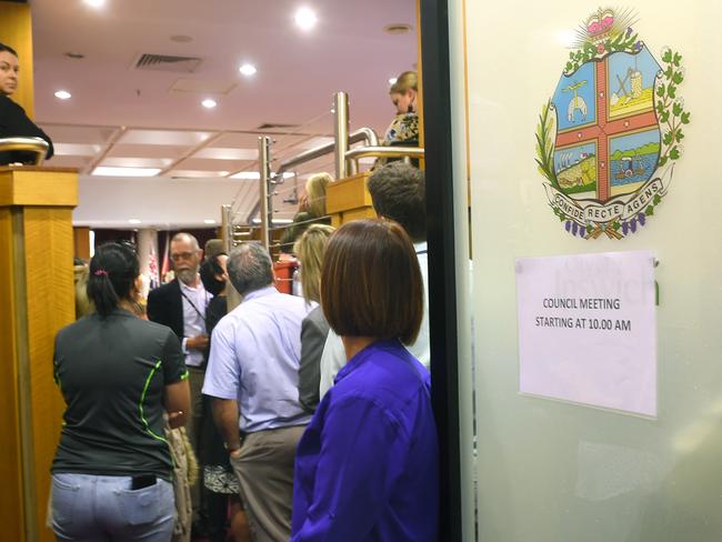 A view from outside the Ipswich City Council's final meeting ahead of plans to sack the entire council and appoint administrators. Picture: AAP Image/Dave Hunt